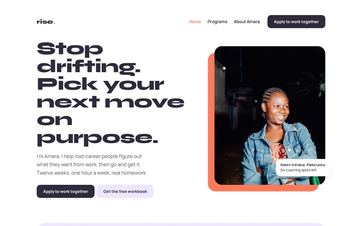 Rise Coaching sample coach & personal brand website homepage