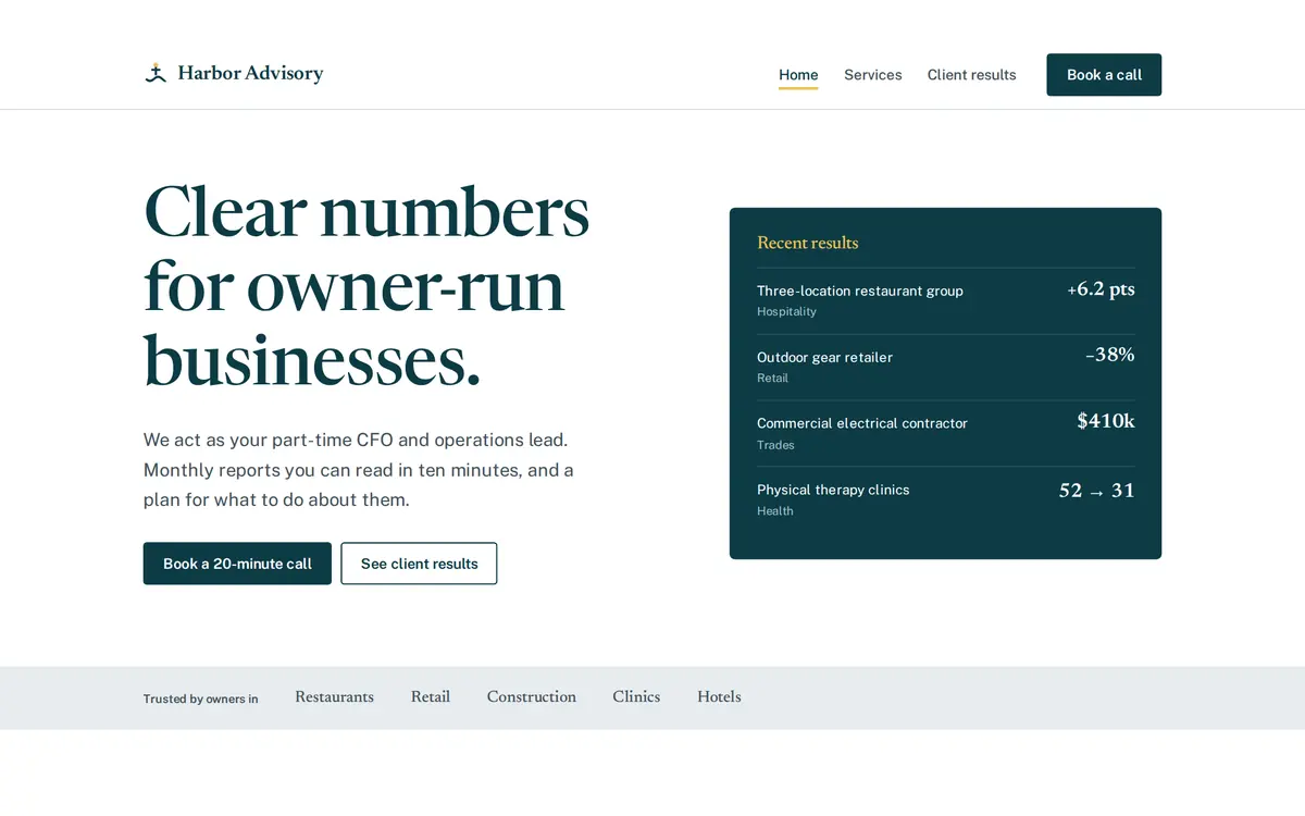 Harbor Advisory sample consulting & finance website homepage