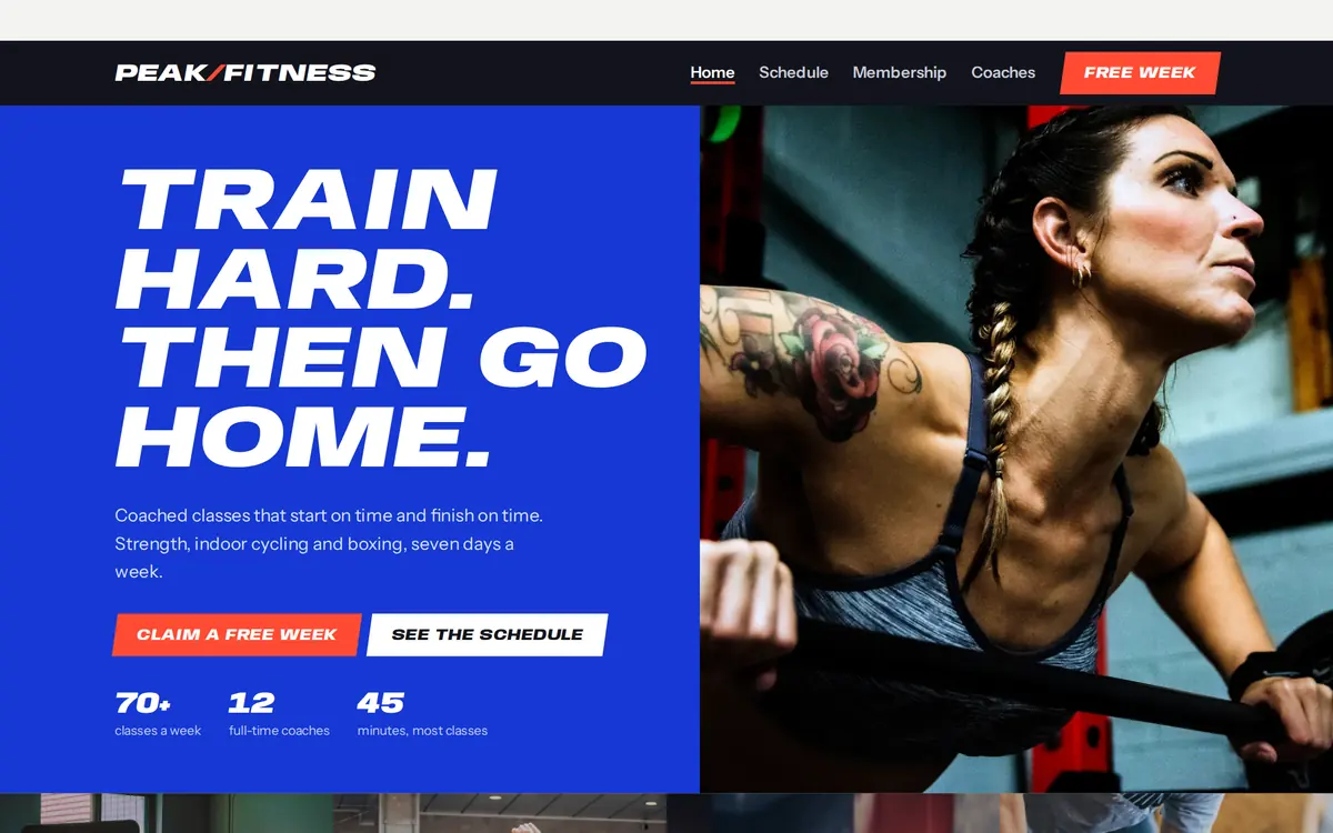 Peak Fitness sample gym & fitness studio website homepage