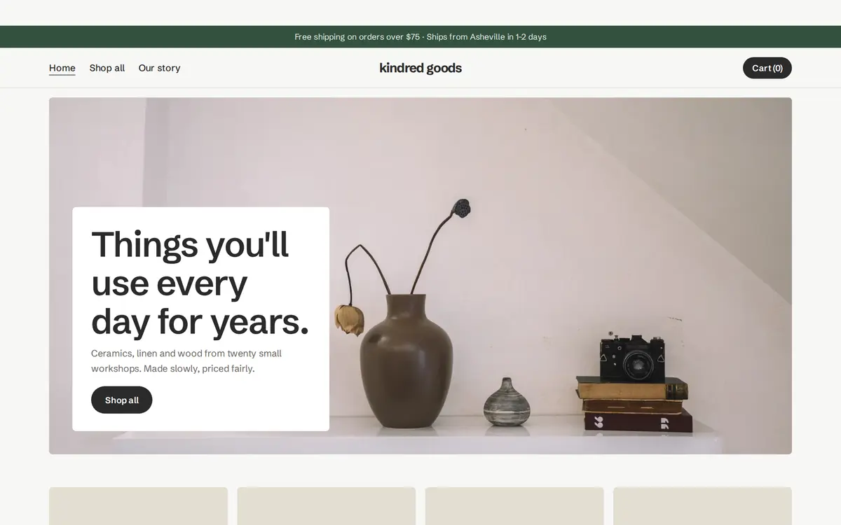 Kindred Goods sample online shop website homepage