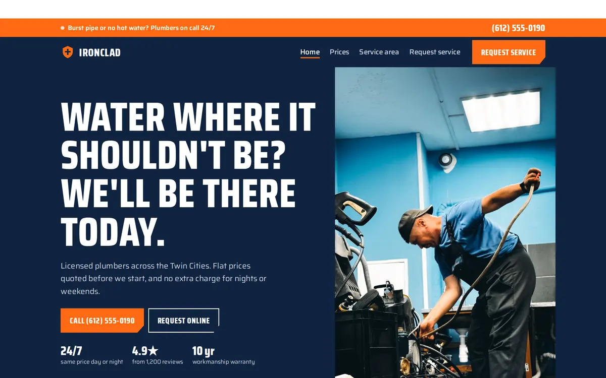 Ironclad Plumbing sample plumbing & hvac website homepage