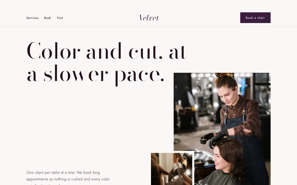 Velvet Salon sample hair salon website homepage
