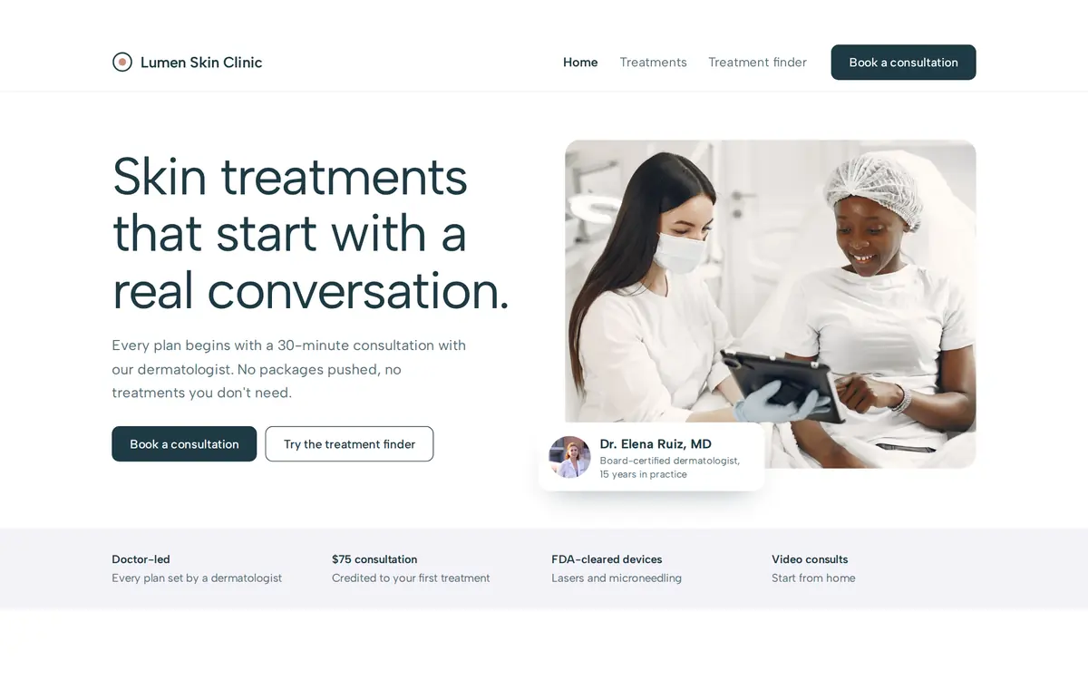 Lumen Skin Clinic sample clinic & medical aesthetics website homepage
