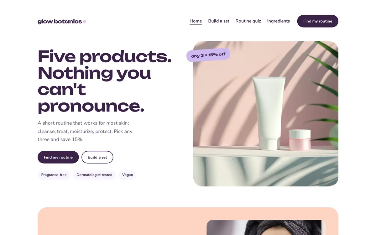 Glow Botanics sample beauty & skincare brand website homepage