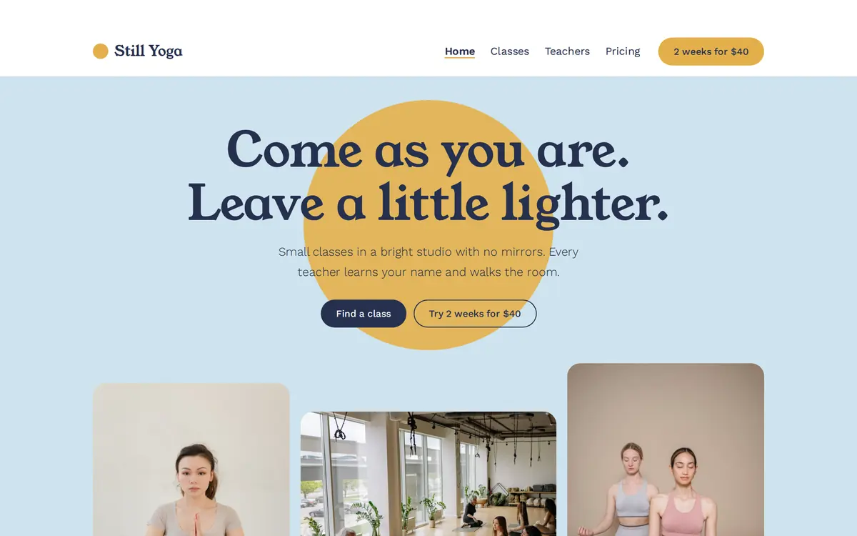 Still Yoga sample yoga & pilates studio website homepage