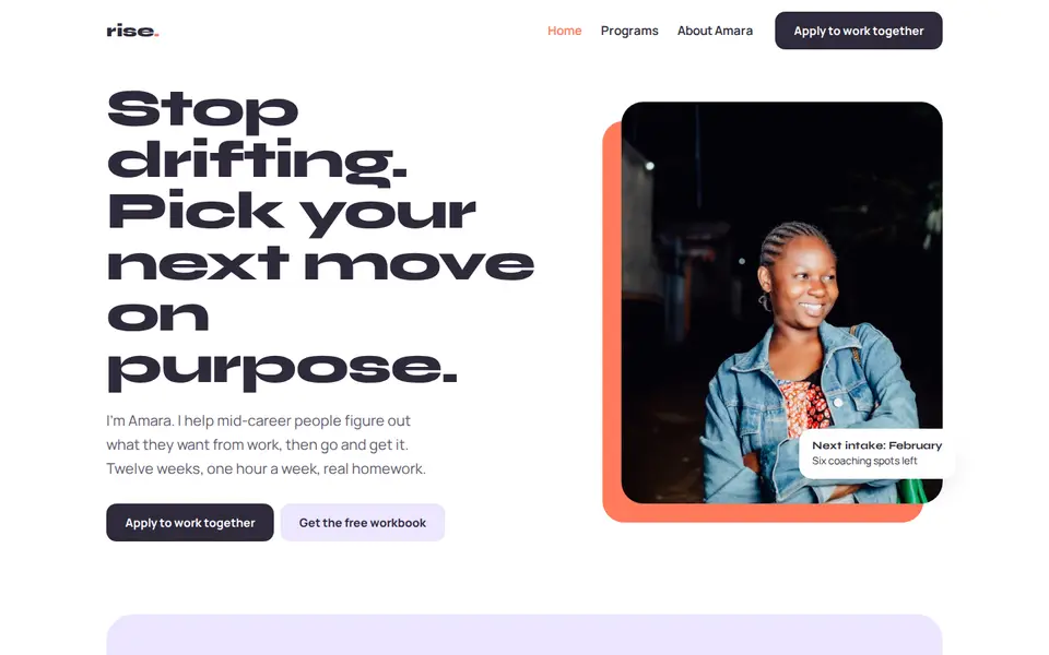 Rise Coaching sample website homepage