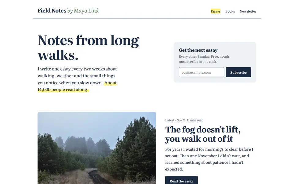 Field Notes sample website homepage