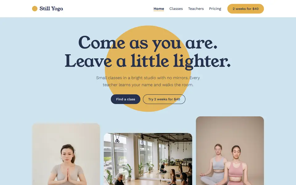 Still Yoga sample website homepage